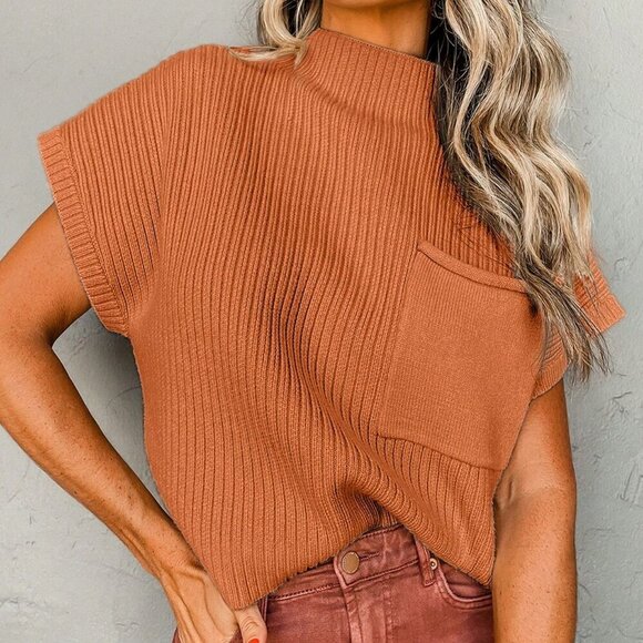 Sweaters - Orange Casual Women's Minimalist Short Sleeve Knit Top